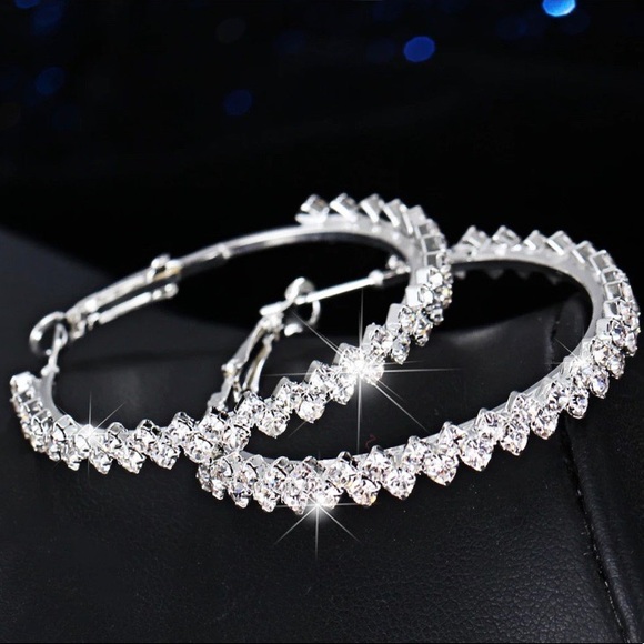 NEW LUXURY DIAMOND STERLING SILVER HOOP EARRINGS - Picture 4 of 6